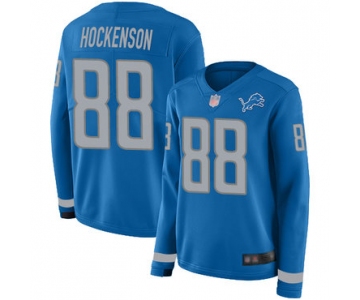 Lions #88 T.J. Hockenson Blue Team Color Women's Stitched Football Limited Therma Long Sleeve Jersey