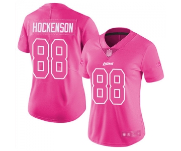 Lions #88 T.J. Hockenson Pink Women's Stitched Football Limited Rush Fashion Jersey