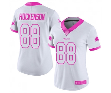 Lions #88 T.J. Hockenson White Pink Women's Stitched Football Limited Rush Fashion Jersey