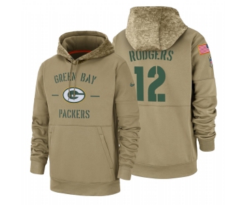 Green Bay Packers #12 Aaron Rodgers Nike Tan 2019 Salute To Service Name & Number Sideline Therma Pullover Hoodie