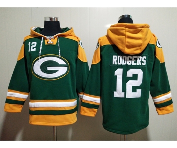 Men's Green Bay Packers #12 Aaron Rodgers Green Lace-Up Pullover Hoodie