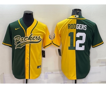 Men's Green Bay Packers #12 Aaron Rodgers Green Yellow Split With Patch Cool Base Stitched Baseball Jersey