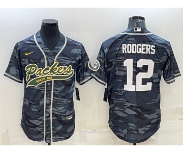 Men's Green Bay Packers #12 Aaron Rodgers Grey Camo With Patch Cool Base Stitched Baseball Jersey