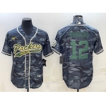 Men's Green Bay Packers #12 Aaron Rodgers Grey Green Camo With Patch Cool Base Stitched Baseball Jersey