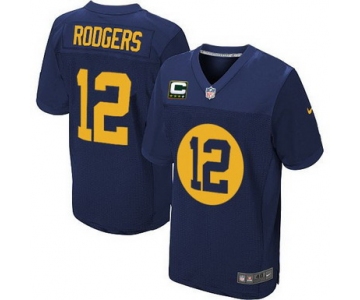 Nike Green Bay Packers #12 Aaron Rodgers Navy Blue C Patch Elite Jersey