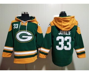 Men's Green Bay Packers #33 Aaron Jones Green Lace-Up Pullover Hoodie