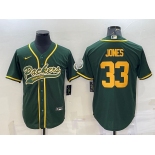 Men's Green Bay Packers #33 Aaron Jones Green Yellow With Patch Cool Base Stitched Baseball Jersey