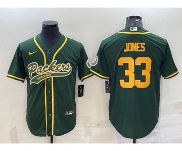 Men's Green Bay Packers #33 Aaron Jones Green Yellow With Patch Cool Base Stitched Baseball Jersey