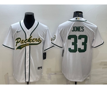 Men's Green Bay Packers #33 Aaron Jones White With Patch Cool Base Stitched Baseball Jersey