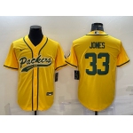 Men's Green Bay Packers #33 Aaron Jones Yellow With Patch Cool Base Stitched Baseball Jersey