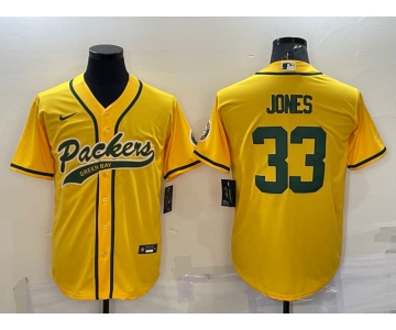 Men's Green Bay Packers #33 Aaron Jones Yellow With Patch Cool Base Stitched Baseball Jersey