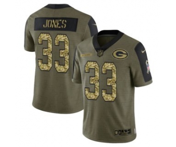 Men's Olive Green Bay Packers #33 Aaron Jones 2021 Camo Salute To Service Limited Stitched Jersey