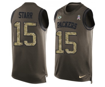 Men's Green Bay Packers #15 Bart Starr Green Salute to Service Hot Pressing Player Name & Number Nike NFL Tank Top Jersey