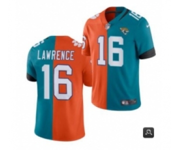 Men Jacksonville Jaguars #16 Trevor Lawrence 2021 Teal Orange Draft Split Vapor Limited Stitched NFl Jersey