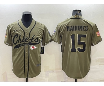 Men's Kansas City Chiefs #15 Patrick Mahomes 2022 Olive Salute to Service Cool Base Stitched Baseball Jersey