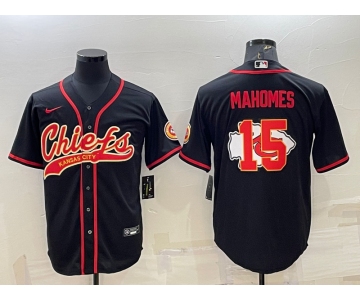 Men's Kansas City Chiefs #15 Patrick Mahomes Black Team Big Logo With Patch Cool Base Stitched Baseball Jersey