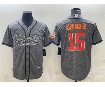 Men's Kansas City Chiefs #15 Patrick Mahomes Gray With Patch Cool Base Stitched Baseball Jersey
