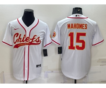 Men's Kansas City Chiefs #15 Patrick Mahomes White With Patch Cool Base Stitched Baseball Jersey