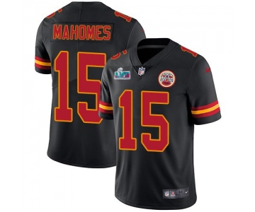 Men's Womens Youth Kids Kansas City Chiefs #15 Patrick Mahomes Black Super Bowl LVII Patch Stitched Limited Rush Jersey