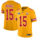Men's Womens Youth Kids Kansas City Chiefs #15 Patrick Mahomes Gold Super Bowl LVII Patch Stitched Limited Inverted Legend Jersey