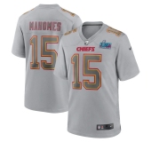 Men's Womens Youth Kids Kansas City Chiefs #15 Patrick Mahomes Super Bowl LVII Patch Atmosphere Fashion Game Jersey - Gray