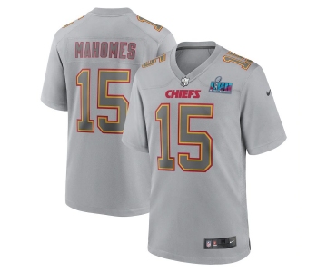 Men's Womens Youth Kids Kansas City Chiefs #15 Patrick Mahomes Super Bowl LVII Patch Atmosphere Fashion Game Jersey - Gray