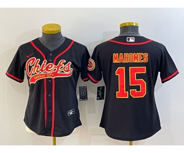 Women's Kansas City Chiefs #15 Patrick Mahomes Black With Patch Cool Base Stitched Baseball Jersey