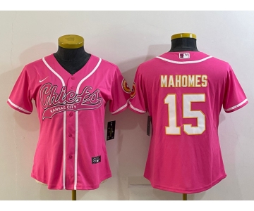 Women's Kansas City Chiefs #15 Patrick Mahomes Pink White With Patch Cool Base Stitched Baseball Jersey