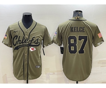 Men's Kansas City Chiefs #87 Travis Kelce 2022 Olive Salute to Service Cool Base Stitched Baseball Jersey