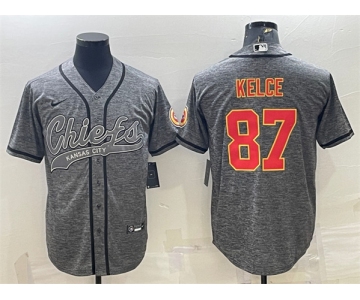 Men's Kansas City Chiefs #87 Travis Kelce Gray With Patch Cool Base Stitched Baseball Jersey