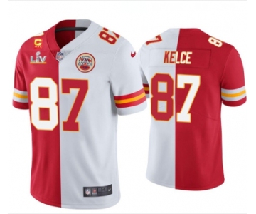 Men's Kansas City Chiefs #87 Travis Kelce Red White Split Vapor Limited 2021 Super Bowl LIV Stitched Jersey