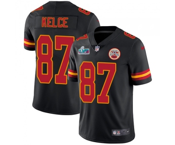 Mens Womens Youth Kids Kansas City Chiefs #87 Travis Kelce Black Super Bowl LVII Patch Stitched Limited Rush Jersey