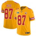 Mens Womens Youth Kids Kansas City Chiefs #87 Travis Kelce Gold Super Bowl LVII Patch Stitched Limited Inverted Legend Jersey