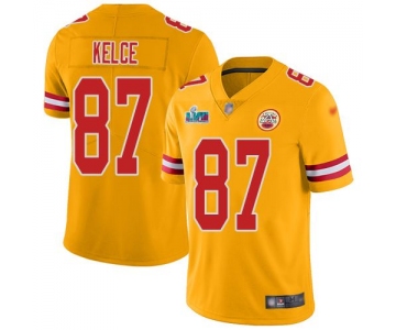 Mens Womens Youth Kids Kansas City Chiefs #87 Travis Kelce Gold Super Bowl LVII Patch Stitched Limited Inverted Legend Jersey