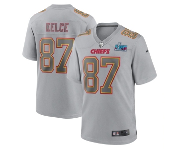 Mens Womens Youth Kids Kansas City Chiefs #87 Travis Kelce Super Bowl LVII Patch Atmosphere Fashion Game Jersey - Gray