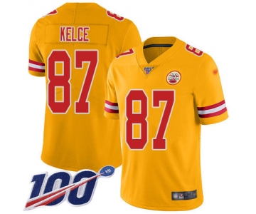 Nike Chiefs #87 Travis Kelce Gold Men's Stitched NFL Limited Inverted Legend 100th Season Jersey