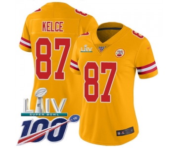 Nike Chiefs #87 Travis Kelce Gold Super Bowl LIV 2020 Women's Stitched NFL Limited Inverted Legend 100th Season Jersey