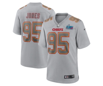 Mens Womens Youth Kids Kansas City Chiefs #95 Chris Jones Super Bowl LVII Patch Atmosphere Fashion Game Jersey - Gray