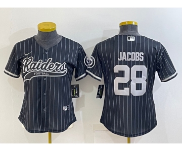 Women's Las Vegas Raiders #28 Josh Jacobs Black Team Big Logo With Patch Cool Base Stitched Baseball Jersey
