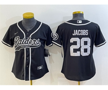 Women's Las Vegas Raiders #28 Josh Jacobs Black With Patch Cool Base Stitched Baseball Jersey(Run Small)