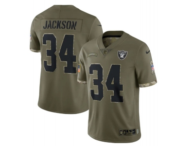 Men's Las Vegas Raiders #34 Bo Jackson 2022 Olive Salute To Service Limited Stitched Jersey
