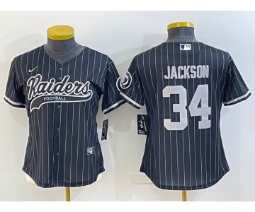 Women's Las Vegas Raiders #34 Bo Jackson Black Team Big Logo With Patch Cool Base Stitched Baseball Jersey