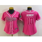 Women's Los Angeles Chargers #10 Justin Herbert Pink With Patch Cool Base Stitched Baseball Jersey