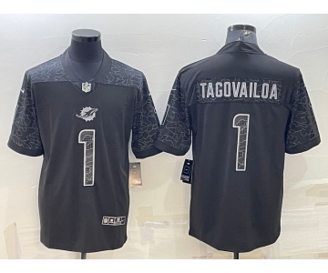 Men's Miami Dolphins #1 Tua Tagovailoa Black Reflective Limited Stitched Football Jersey