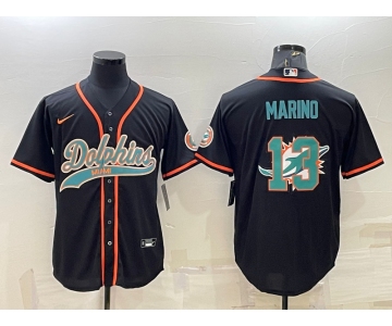 Men's Miami Dolphins #13 Dan Marino Black Team Big Logo With Patch Cool Base Stitched Baseball Jersey