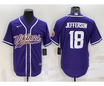 Men's Minnesota Vikings #18 Justin Jefferson Purple With Patch Cool Base Stitched Baseball Jersey