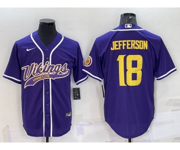 Men's Minnesota Vikings #18 Justin Jefferson Purple Yellow With Patch Cool Base Stitched Baseball Jersey