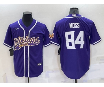 Men's Minnesota Vikings #84 Randy Moss Purple With Patch Cool Base Stitched Baseball Jersey