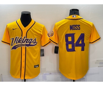 Men's Minnesota Vikings #84 Randy Moss Yellow With Patch Cool Base Stitched Baseball Jersey