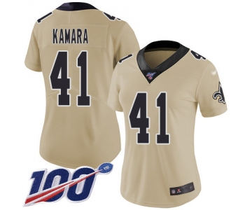 Nike Saints #41 Alvin Kamara Gold Women's Stitched NFL Limited Inverted Legend 100th Season Jersey